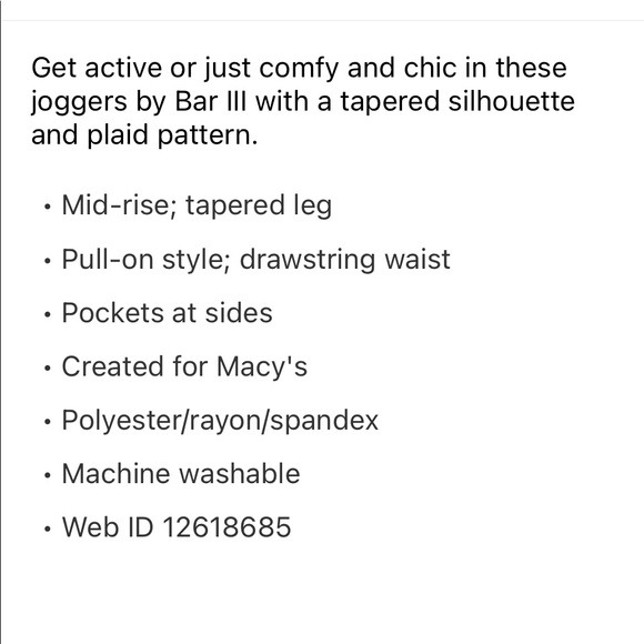 Bar III Tapered Plaid Joggers Size S - Picture 4 of 4